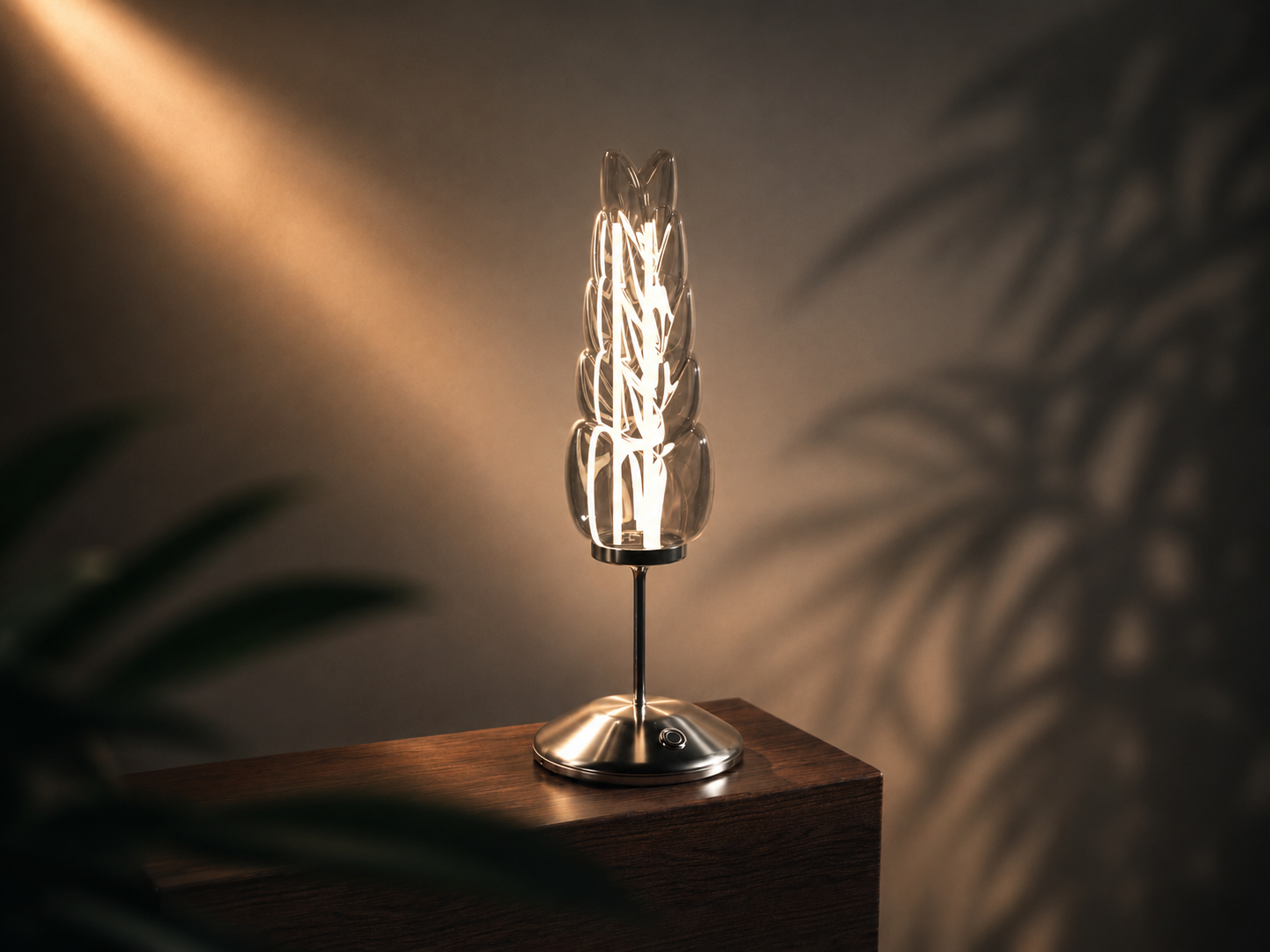 Solitary Yugoslavia Lamp glowing on a dark wooden pedestal