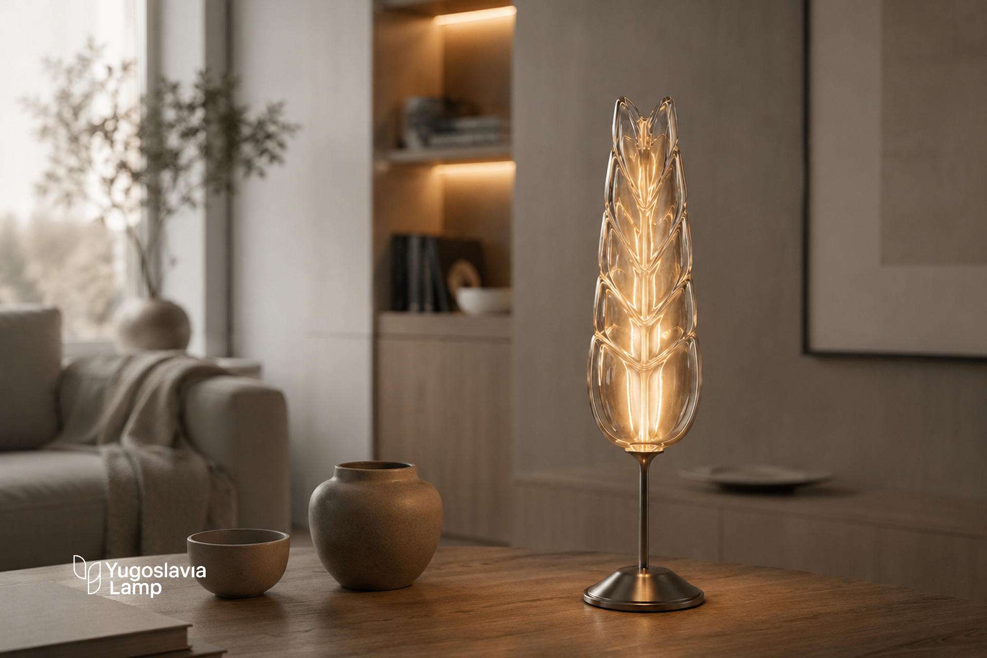 Yugoslavia Lamp on a wooden console in a calm, minimal home