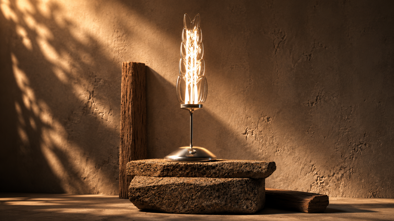 Yugoslavia Lamp resting on raw stone with warm shadows